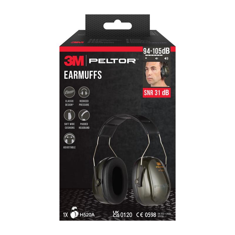 Απεικονίζεται μια συσκευασία 3M™ PELTOR™ Optime™ II προστατευτικών ακουστικών H520A της 3M Deutschland GmbH με εικόνα προϊόντος, πληροφορίες μοντέλου και τιμή SNR 31 dB σε πράσινο. Μια επισυναπτόμενη φωτογραφία δείχνει ένα άτομο που φοράει τα προστατευτικά ακουστικά.