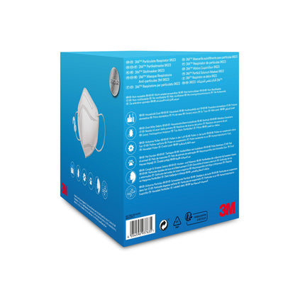 In einer blauen Schachtel der 3M Deutschland GmbH befindet sich die 3M™ Partikelmaske 9623 (1 Stück, 3/Packung) zum Schutz vor Partikeln, mit mehrsprachiger Anleitung und Info, sowie Recycling- und Barcode-Symbolen.