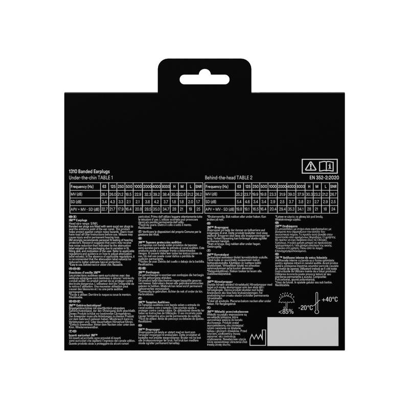 Στην πίσω πλευρά της προστασίας ακοής με βραχίονα 3M™ 1310 + 2 ζεύγη εφεδρικών ωτοασπίδων (SNR 24-25 dB) από την 3M Deutschland GmbH υπάρχουν λευκοί, πολυγλωσσικοί πίνακες, προειδοποιήσεις, πληροφορίες χρήσης και μια λαβή με εγκοπή στη μέση.