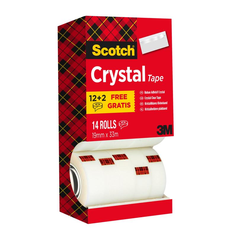 Ένα κουτί με ταινία Scotch® Crystal, πακέτο προσφοράς (14 ρολά, 19mm x 33m) από την 3M Deutschland GmbH. Η συσκευασία φέρει την επιγραφή "12+2 Free" και εμφανίζει ένα κόκκινο καρό σχέδιο, ενώ μερικά ρολά είναι μερικώς ορατά.