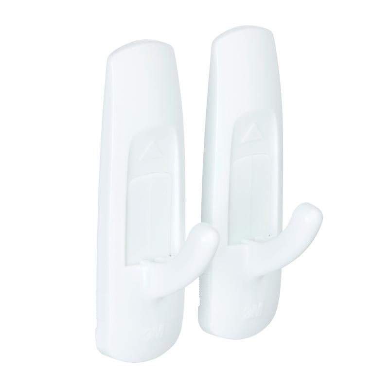 Δύο μεσαίου μεγέθους Command™ Γάντζοι πολλαπλών χρήσεων M της 3M Deutschland GmbH, πακέτο πλεονεκτήματος 17001-2, από πλαστικό με καμπυλωτούς γάντζους στέκονται δίπλα-δίπλα σε λευκό φόντο - ιδανικοί για στερέωση χωρίς ζημιές σε τοίχο.