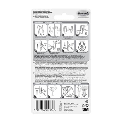 Στην πίσω πλευρά του Μεσαίου μεγέθους Command™ Γάντζου πολλαπλών χρήσεων M σε πακέτο πλεονεκτήματος (17001-2) της 3M Deutschland GmbH υπάρχουν εικονογραφημένα βήματα συναρμολόγησης, πολυγλωσσικές προειδοποιήσεις, ένας γραμμωτός κώδικας, πληροφορίες κατασκευαστή και το λογότυπο 3M κάτω δεξιά.