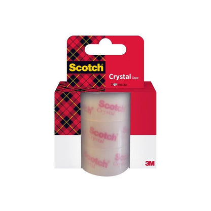 Μια συσκευασία 3 ρολών Scotch® Crystal Klebeband 6-1925R3 (19 mm x 25 m) από την 3M Deutschland GmbH, σε ένα κόκκινο-μαύρο καρό κουτί με τη μάρκα Scotch και πληροφορίες προϊόντος.