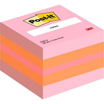 Μια στοίβα Post-it® Notes Mini Würfel, 51 mm x 51 mm, 400 φύλλα/μπλοκ από την 3M Deutschland GmbH, με ροζ και πορτοκαλί φύλλα και εμφανές branding στο πάνω φύλλο.