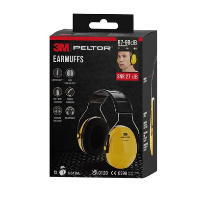 Κουτί με 3M™ PELTOR™ Optime™ I Ακουστικής Προστασίας H510A, SNR 27 dB, κίτρινο (1 τεμάχιο), από την 3M Deutschland GmbH με απεικόνιση της ακουστικής προστασίας και εικόνα χρήσης στη συσκευασία.