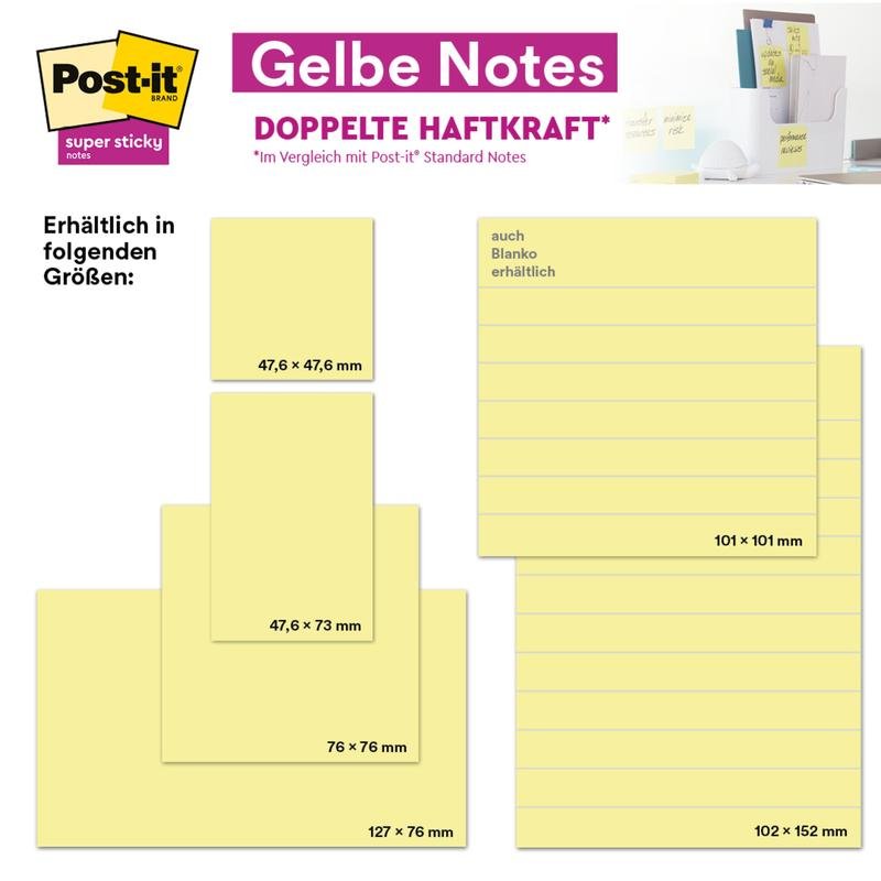 Ένας πίνακας δείχνει τα Post-it® Super Sticky Notes της 3M Deutschland GmbH σε μορφή 76 mm x 76 mm (90 φύλλα ανά μπλοκ). Οι συσκευασίες προϊόντων και τα παραδείγματα χρήσης εμφανίζονται πάνω δεξιά.
