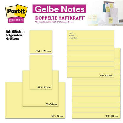 Μια διαφήμιση για τα Post-it® Super Sticky Notes από την 3M Deutschland GmbH παρουσιάζει κίτρινα σημειωματάρια στο μέγεθος 76 x 127 mm με 90 φύλλα ανά μπλοκ και 24 μπλοκ ανά κουτί, πιστοποιημένα από το PEFC και συσκευασμένα με βιώσιμο τρόπο.