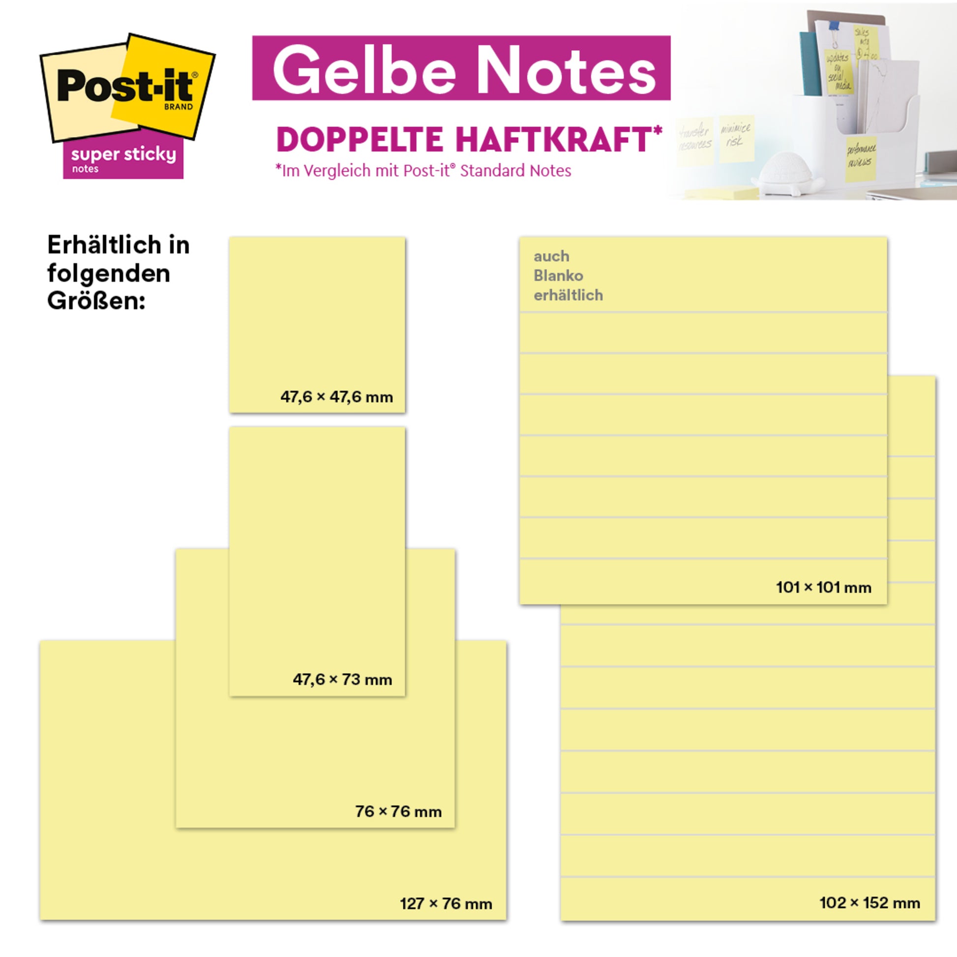 Eine Grafik zeigt die Post-it® Notes der 3M Deutschland GmbH mit der Bezeichnung "Gelbe Notizen" im Format 38 × 51 mm mit Produktabbildungen und Kartonverpackung (100 Blatt/Block, 18 Blöcke + 6 gratis, PEFC-zertifiziert: SGSCH-PEFC-COC-110078).