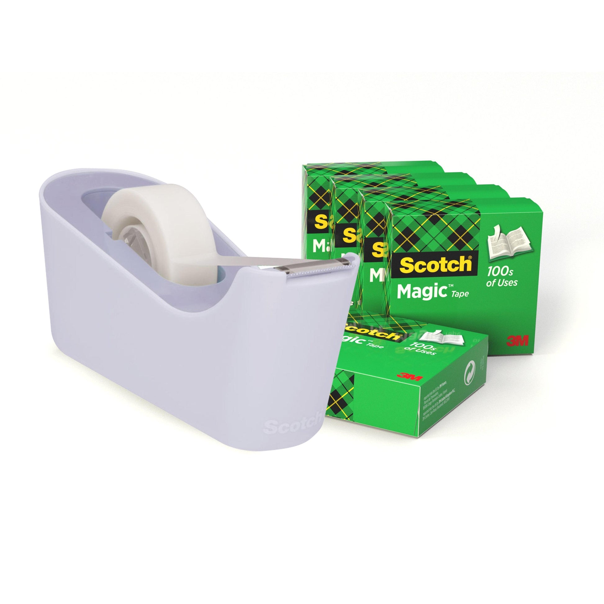 Ein lilafarbener Scotch™-Klebebandabroller mit einer Rolle Scotch® Magic™ Invisible Tape (19 mm x 33 m) ist vor drei grün karierten Kartons der Marke 3M Deutschland GmbH abgebildet. Sechs Rollen pro Packung.