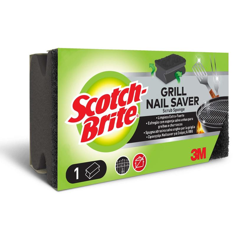 Ένα ορθογώνιο κουτί Scotch-Brite® Grill Griffschwamm από την 3M Deutschland GmbH, σε χρώματα πράσινο, κίτρινο και μαύρο, δείχνει εικόνες προϊόντων και ένα κείμενο που αναφέρει ότι είναι ιδανικό για τον καθαρισμό ψησταριάς και τον καθαρισμό BBQ εργαλείων. 1 τεμάχιο ανά συσκευασία.