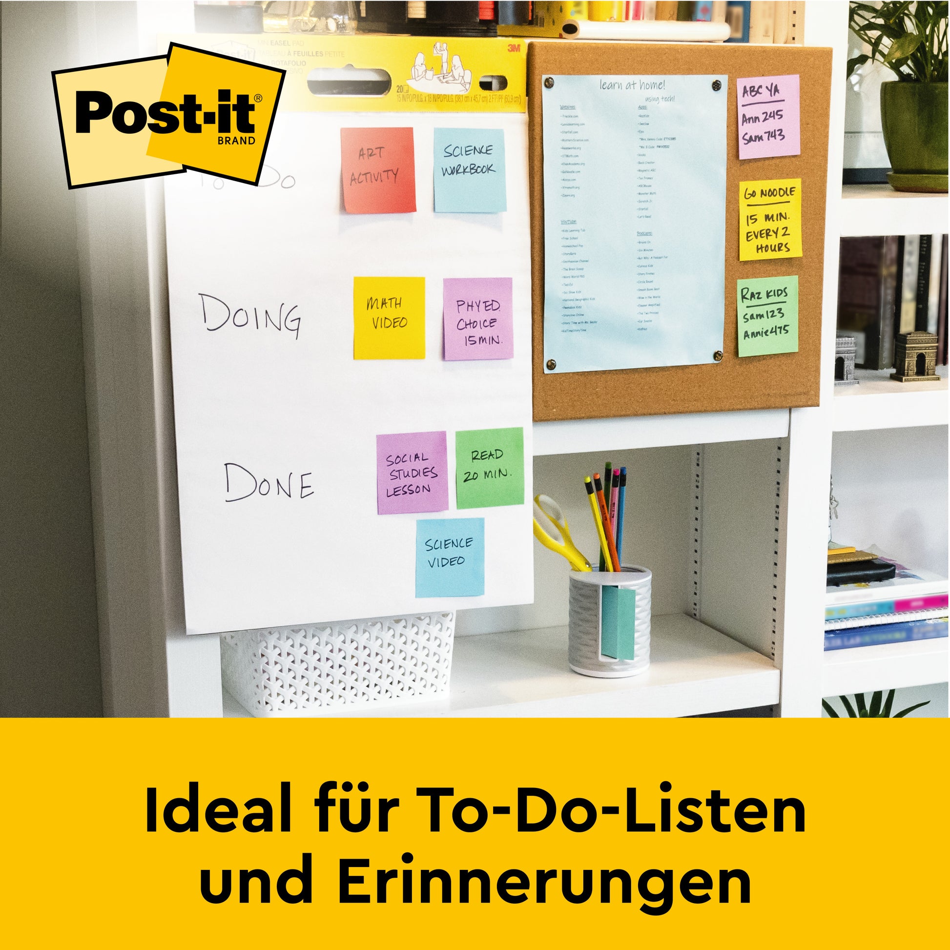 Ein Post-it® Super Sticky Mini Meeting Chart/Flipchart Mini 577SS (38 x 45,7 cm, 20 Blatt) von 3M steht auf einem Schreibtisch. Text: "Ideal für To-Do-Listen und Erinnerungen" auf gelbem Hintergrund.