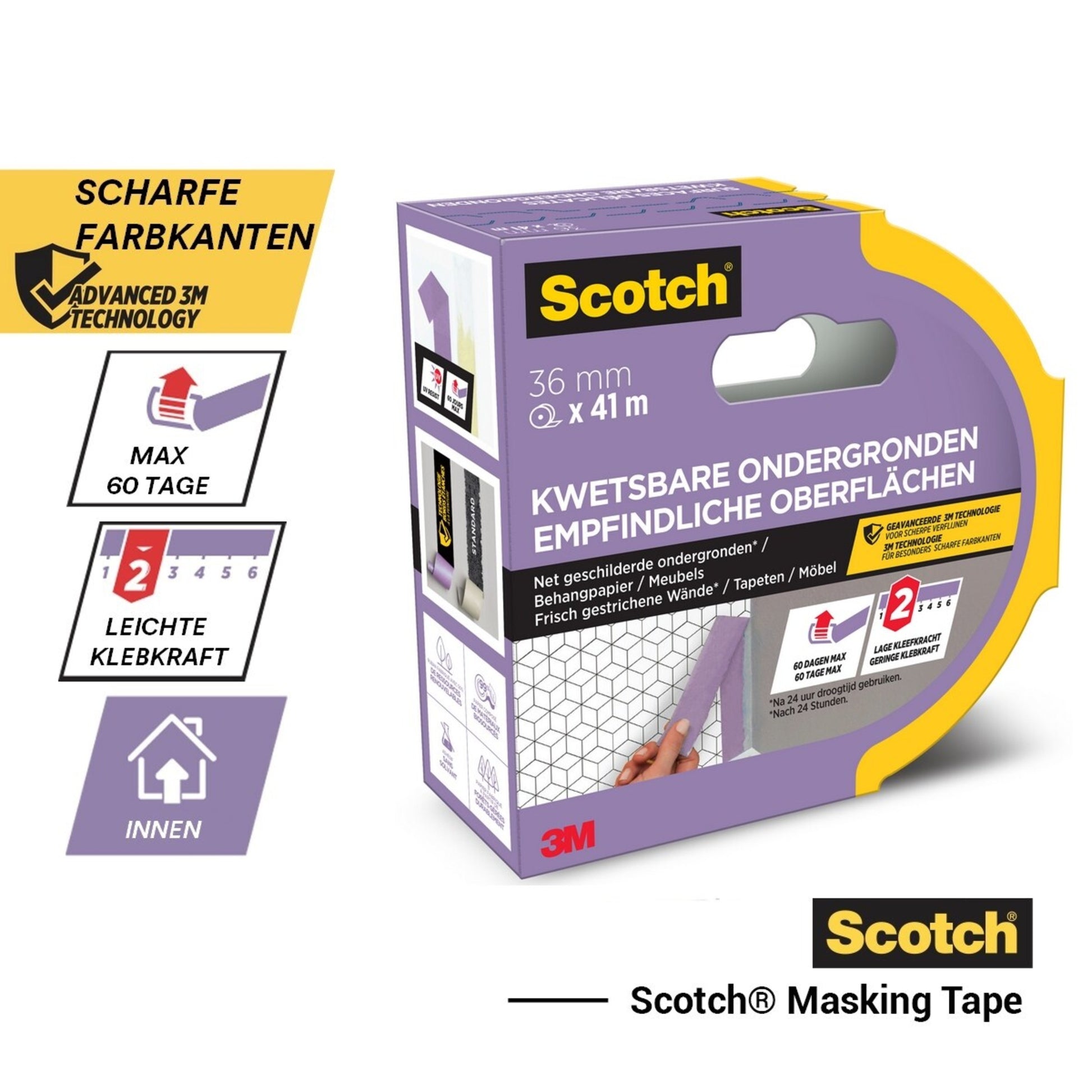 Scotch® Malerabdeckband für empfindliche Oberflächen, 24 mm x 41 m, 1 Rolle/Packung, PEFC-zertifiziert (SGSCH-PEFC-COC-110078), mit Details auf Deutsch/Niederländisch; leichte Haftkraft, für Innenanwendung, 3M Branding.