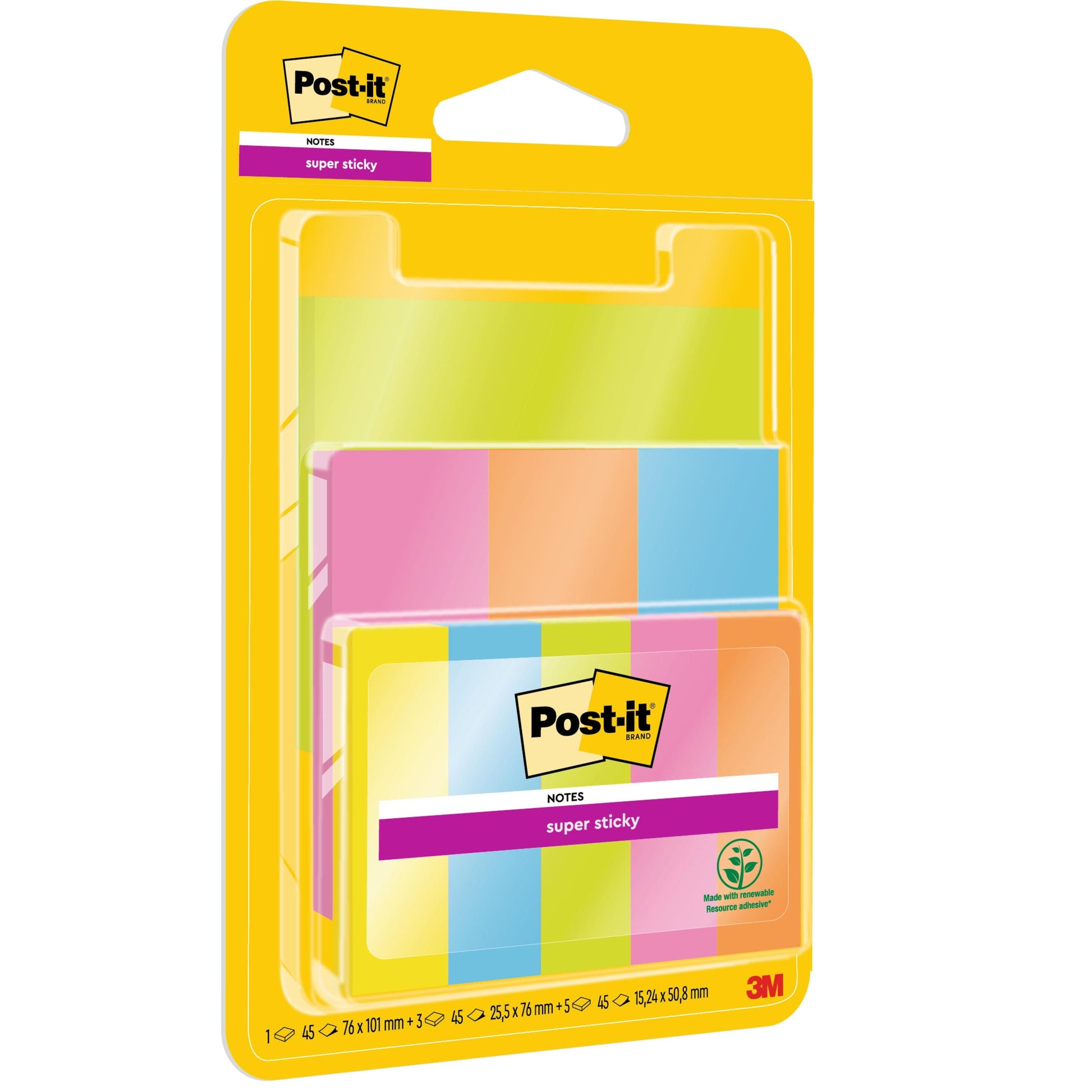 Die Post-it® Super Sticky Notes Kombipackung von 3M Deutschland GmbH enthält bunte Notizzettel und Seitenmarker (9 Blöcke, 45 Blatt/Block), PEFC zertifiziert. Die Verpackung hebt die Super-Haftung hervor und zeigt das 3M-Logo.