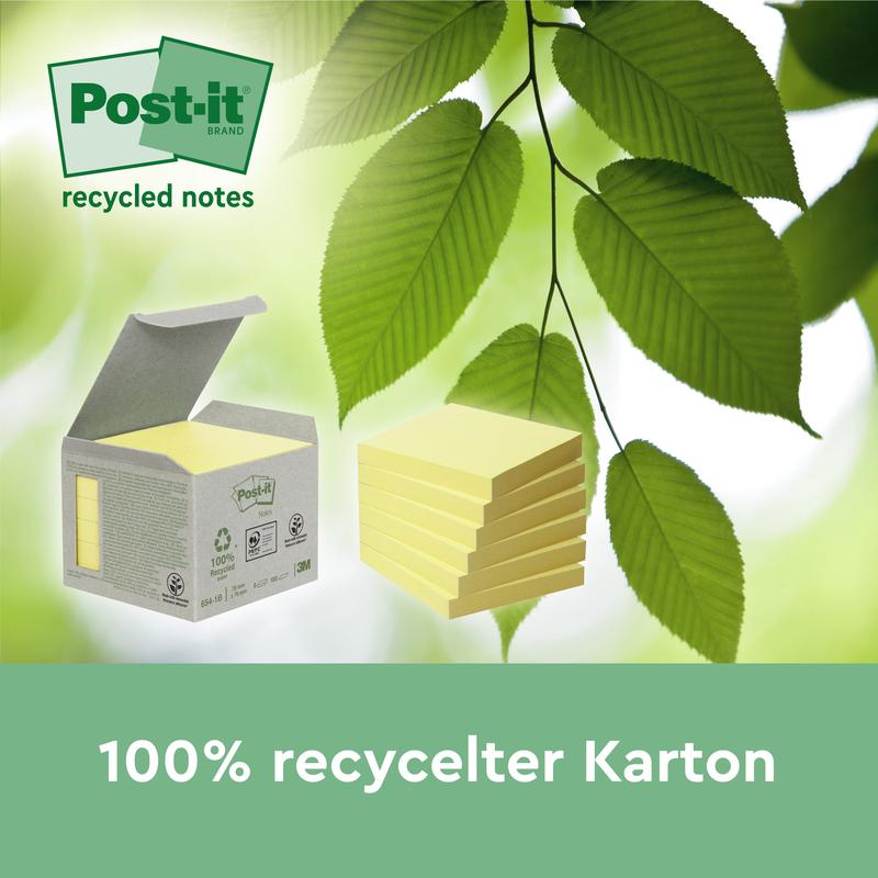 Μια συσκευασία Post-it® Recycling Z-Notes, Κίτρινο (76x76 mm, 100 φύλλα/μπλοκ, 6 μπλοκ), από την 3M Deutschland GmbH, απεικονίζεται σε πράσινα φύλλα με το κείμενο "100% ανακυκλωμένο χαρτόνι". Τα σημειωματάρια είναι φιλικά προς το περιβάλλον και PEFC-πιστοποιημένα.
