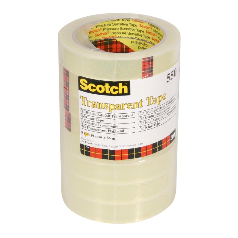 Μια συσκευασία με 8 ρολά 3M Deutschland GmbH Scotch® Διαφανής Κολλητική Ταινία 550 με διαστάσεις 19 mm x 66 m παραδίδεται σε διάφανη πλαστική συσκευασία με κίτρινη ετικέτα, μαύρο κείμενο και κόκκινο-κίτρινο-μαύρο καρό περίγραμμα.