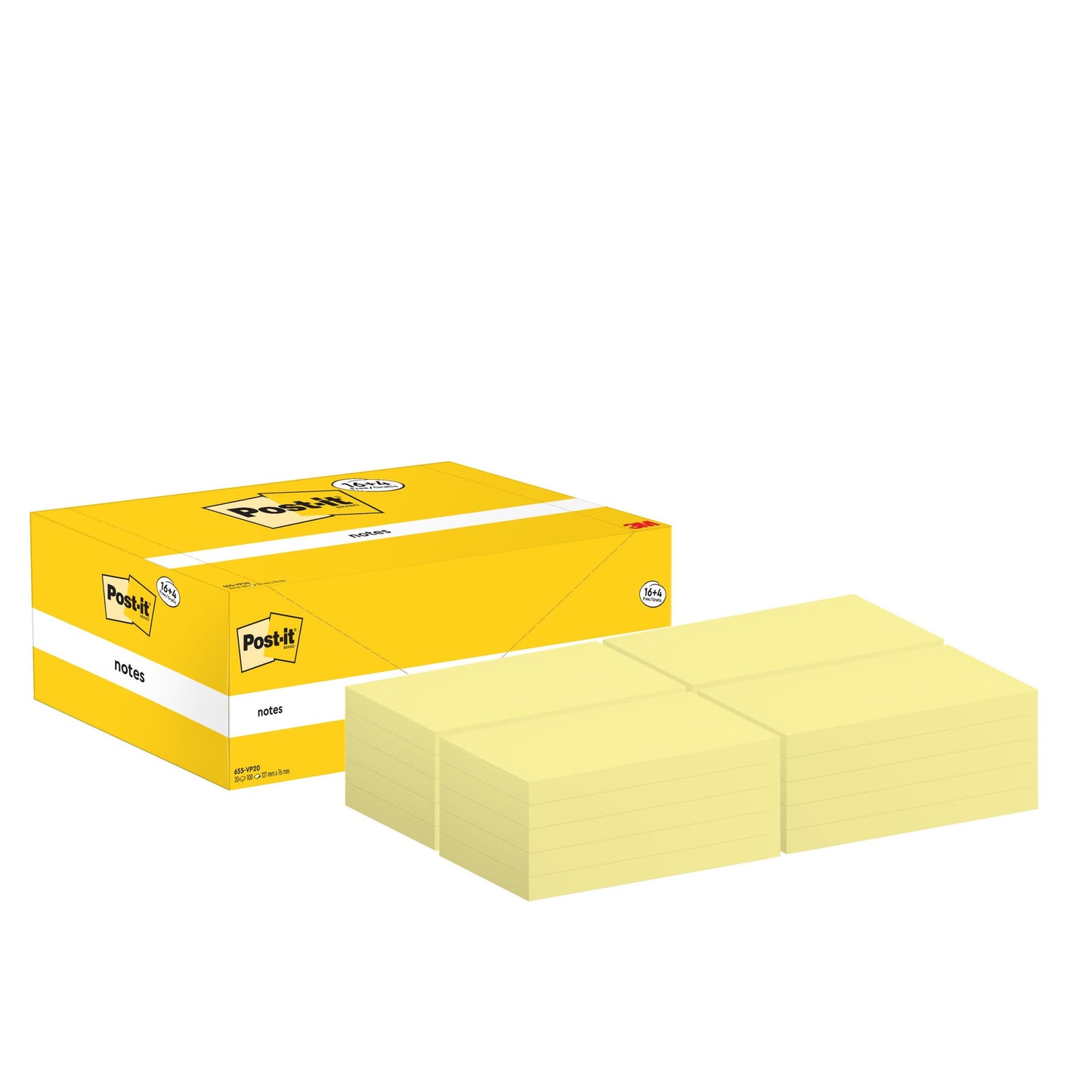 Eine gelbe Post-it® Notes Box der 3M Deutschland GmbH mit der Aufschrift "Post-it® Notes" zeigt bei geöffnetem Deckel sechs Stapel gelber Zettel (76 x 127 mm), die in zwei Dreierreihen neben der Bürobedarfsbox angeordnet sind.