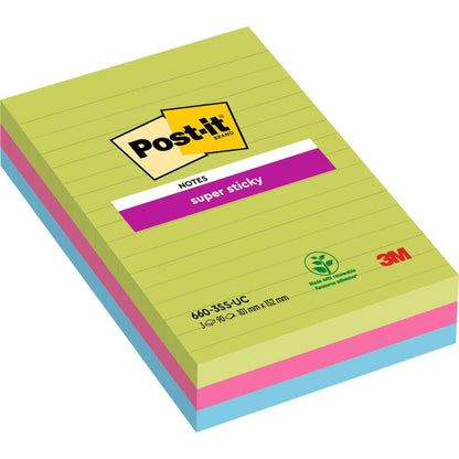 Μια συσκευασία Post-it® Super Sticky Notes μεγάλου μεγέθους από την 3M Deutschland GmbH, γραμμωμένη, σε διάφορα χρώματα (101 mm x 152 mm, 90 φύλλα/μπλοκ, 3 μπλοκ), με πιστοποίηση 100% PEFC (SGSCH-PEFC-COC-110078).