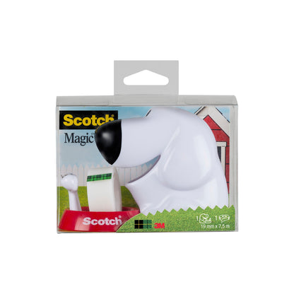 Der Scotch™ Tischabroller im Hunde Design C31 mit Scotch® Magic™ Klebeband (19 mm x 8,89 m, 1 Rolle) von 3M Deutschland GmbH kommt im Hundespender mit klarer Verpackung und Comic-Hundehütte. Perfekt für Bürobedarf.
