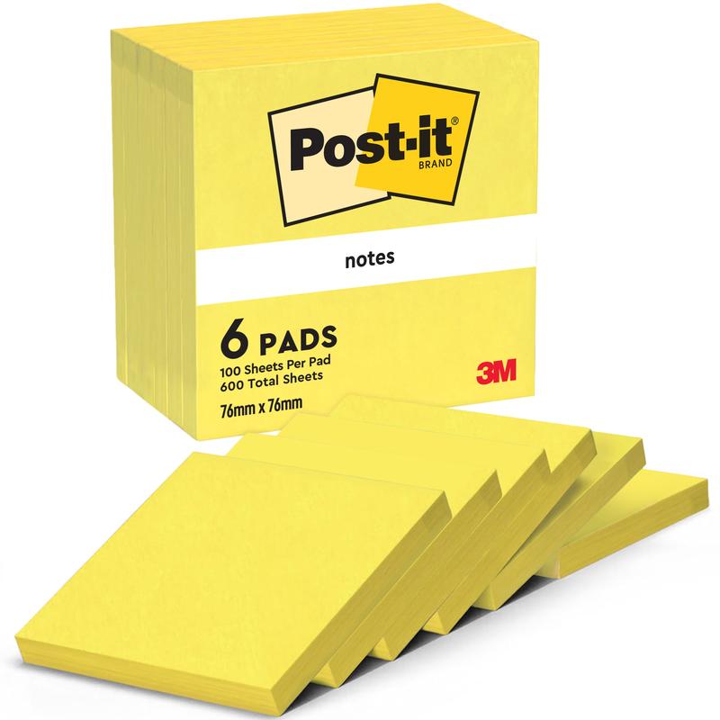 Μια συσκευασία Post-it® Notes της 3M Deutschland GmbH περιέχει έξι κίτρινα μπλοκ σε μέγεθος 76 mm x 76 mm με 100 φύλλα το καθένα, κατασκευασμένα από 100% PEFC-πιστοποιημένο χαρτί. Η συσκευασία δείχνει το λογότυπο της 3M και την ανεμιστήρα διάταξη των μπλοκ.