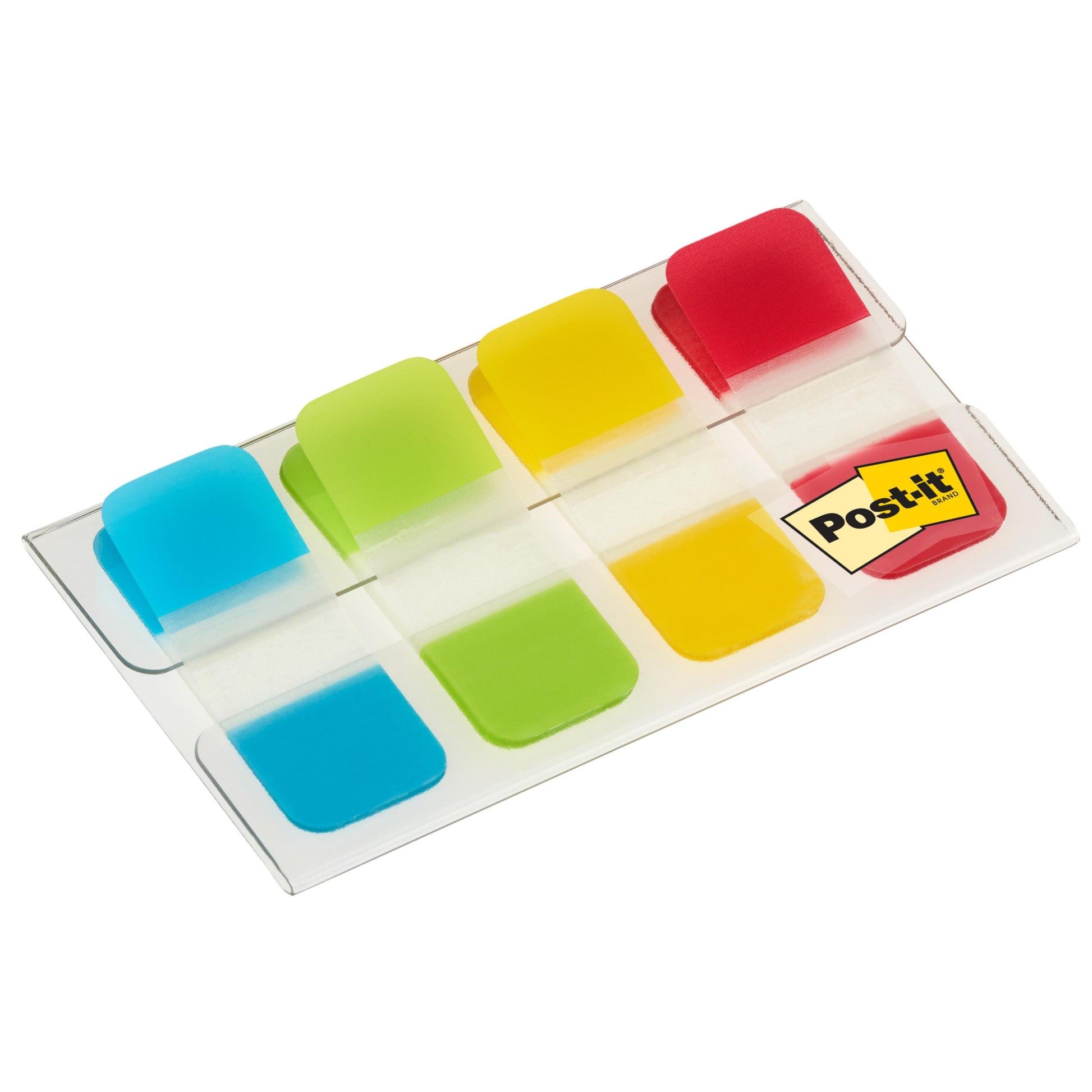Ein klarer Kunststoffkoffer der 3M Deutschland GmbH enthält 40 Post-it® Index Strong Ablagetabs (15,8 x 38,1 mm) in den Minigrößen gelb, rot, blau und grün, angeordnet in zwei Reihen mit dem Post-it-Logo unten rechts.