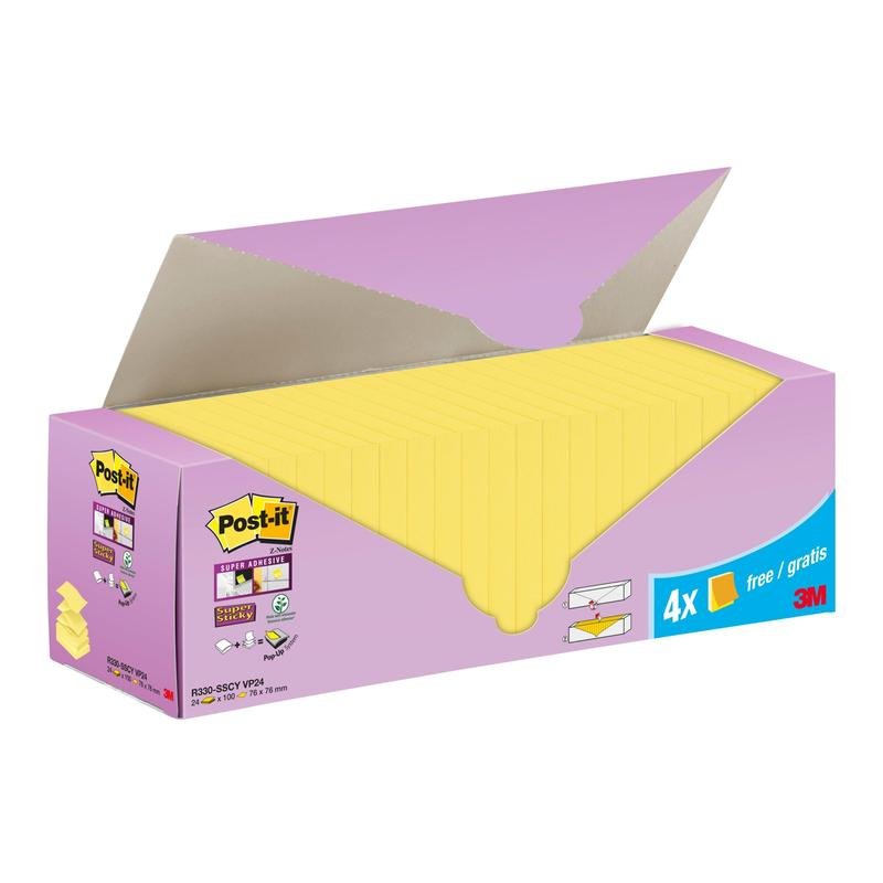 Ένα κουτί 3M Post-it® Super Sticky Z-Notes σε κίτρινο χρώμα (76 x 76 mm) με μωβ χάρτινη συσκευασία φέρει την επιγραφή "20 μπλοκ + 4 δωρεάν/συσκευασία" και περιέχει 90 φύλλα/μπλοκ, κατασκευασμένα από 100% PEFC-πιστοποιημένο χαρτί.