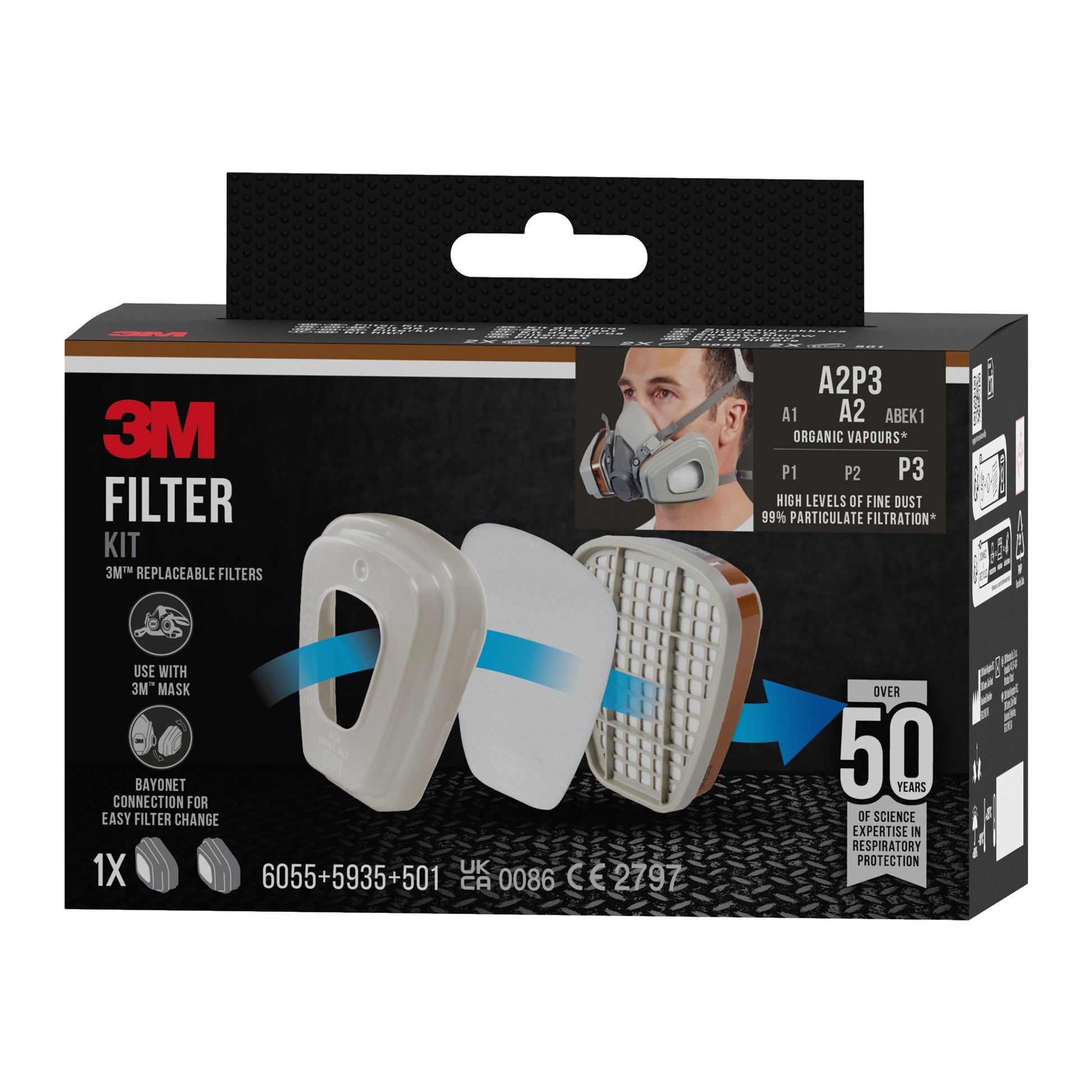 Die Verpackung des 3M™ Filtersatzes 6003-1SP (von 3M Deutschland GmbH) zeigt die Filterkomponenten - Gehäuse, weißes Pad, Kunststoffabdeckung - und Produktdetails für den Schutz vor organischen Dämpfen A2P3 (2x6055, 2x5935, 2x501) sowie das Foto eines Maskenträgers.