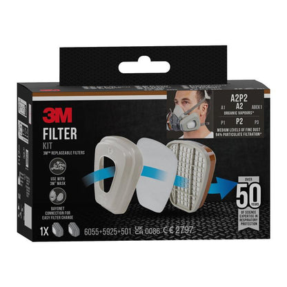 Το σετ φίλτρων 3M™ 6002-1, A2P2 οργανικοί ατμοί (2x6055, 2x5925, 2x501) | Συσκευασία (1 τεμάχιο) από την 3M Deutschland GmbH προστατεύει από οργανικούς ατμούς και λεπτή σκόνη· συμβατό με μάσκες 3M και βασίζεται σε δεκαετίες εμπειρίας.