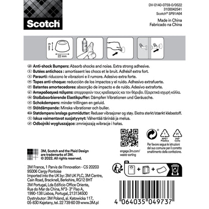 Die Verpackung des Scotch® Stoßabsorbierenden Elastikpuffers für Wände SP91A64 der 3M Deutschland GmbH zeigt Anwendungsbilder, Sicherheitssymbole, mehrsprachige Hinweise, das Markenlogo, den Barcode und ausführliche Firmeninformationen.