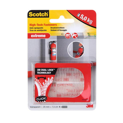 Οι Scotch™ Extreme Κλειδαριές της 3M Deutschland GmbH (2 σετ από 2 λωρίδες, διαφανείς, 25 mm x 75 mm) προσφέρουν ισχυρή στερέωση έως 5 kg χάρη στην τεχνολογία Dual Lock - ιδανικές για αντικείμενα όπως πυροσβεστήρες σε τοίχους.