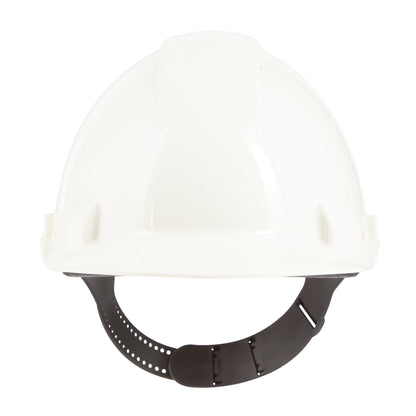 Der 3M™ Schutzhelm G3000C Uvicator von 3M Deutschland GmbH ist ein weißer Schutzhelm mit verstellbarem Pinlock-Riemen, abgebildet in der Frontansicht auf unifarbenem Hintergrund, für optimalen Arbeitsschutz bei der Arbeit.
