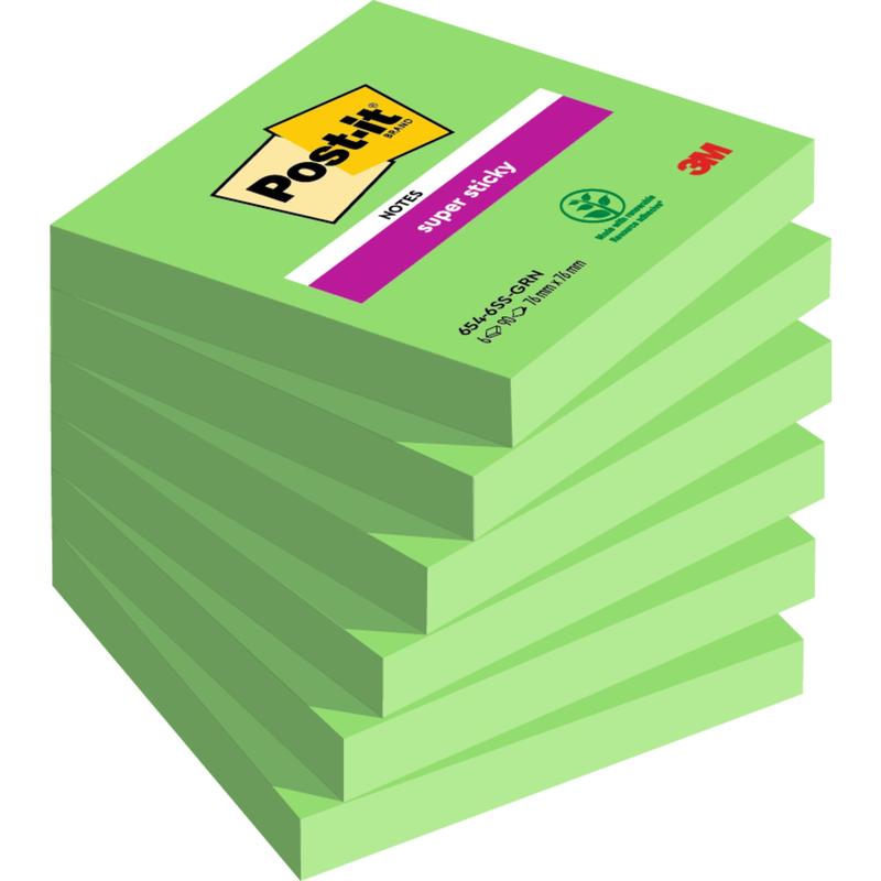 Ένας σωρός Post-it® Super Sticky Notes (76 mm x 76 mm, 90 φύλλα/μπλοκ, 100% PEFC) από την 3M Deutschland GmbH, τοποθετημένος λοξά, με την ετικέτα του πάνω μπλοκ προς τα πάνω.
