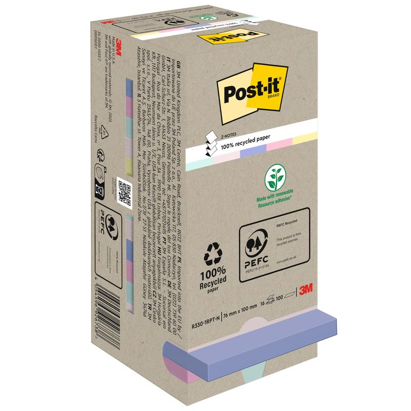 Ένα κουτί Post-it® Recycling Z-Notes (76 mm x 76 mm, 100% PEFC, 100 φύλλα/μπλοκ) της 3M Deutschland GmbH. Η μπεζ συσκευασία δείχνει οικολογικά σύμβολα και παστέλ αυτοκόλλητες σημειώσεις στο κάτω μέρος με ένα ορατό λογότυπο 3M.