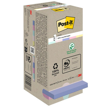 Ένα κουτί Post-it® Recycling Z-Notes (76 mm x 76 mm, 100% PEFC, 100 φύλλα/μπλοκ) της 3M Deutschland GmbH. Η μπεζ συσκευασία δείχνει οικολογικά σύμβολα και παστέλ αυτοκόλλητες σημειώσεις στο κάτω μέρος με ένα ορατό λογότυπο 3M.