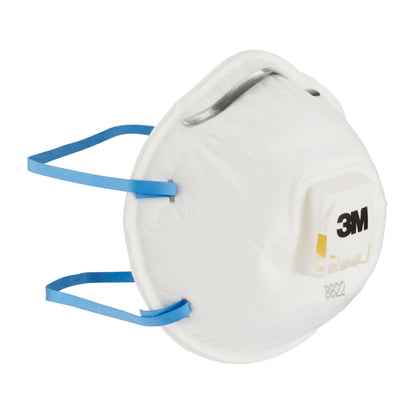 Die 3M™ Cool Flow™ Partikelmaske 8822, FFP2, von 3M Deutschland GmbH hat ein weißes Design mit blauen Bändern, Metallnasenclip und Frontventil. Die Maske Modell 8822 ist auf weißem Hintergrund abgebildet.