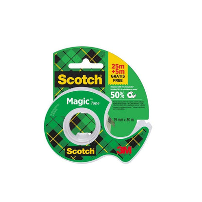 Μια συσκευασία Scotch® Magic™ Αόρατη Ταινία της 3M Deutschland GmbH, 19 mm x 25 m συν 5 m δωρεάν, έρχεται ως 1 ρολό σε χειροκίνητο διανομέα.