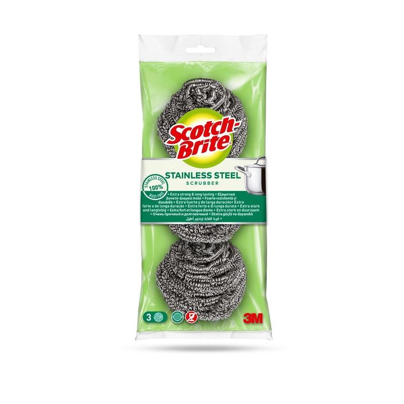 Μια συσκευασία σπειροειδών σφουγγαριών Scotch-Brite® για ανοξείδωτο από την 3M Deutschland GmbH, που περιέχει 3 τεμάχια. Η πράσινη-διαφανής συσκευασία παρουσιάζει τα σφουγγάρια, τη μάρκα, τις πληροφορίες για το προϊόν και μια εικόνα κατσαρόλας, και είναι ιδανική για τον καθαρισμό της κουζίνας και την απομάκρυνση επίμονων ρύπων.