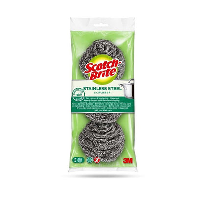 Μια συσκευασία σπειροειδών σφουγγαριών Scotch-Brite® για ανοξείδωτο από την 3M Deutschland GmbH, που περιέχει 3 τεμάχια. Η πράσινη-διαφανής συσκευασία παρουσιάζει τα σφουγγάρια, τη μάρκα, τις πληροφορίες για το προϊόν και μια εικόνα κατσαρόλας, και είναι ιδανική για τον καθαρισμό της κουζίνας και την απομάκρυνση επίμονων ρύπων.