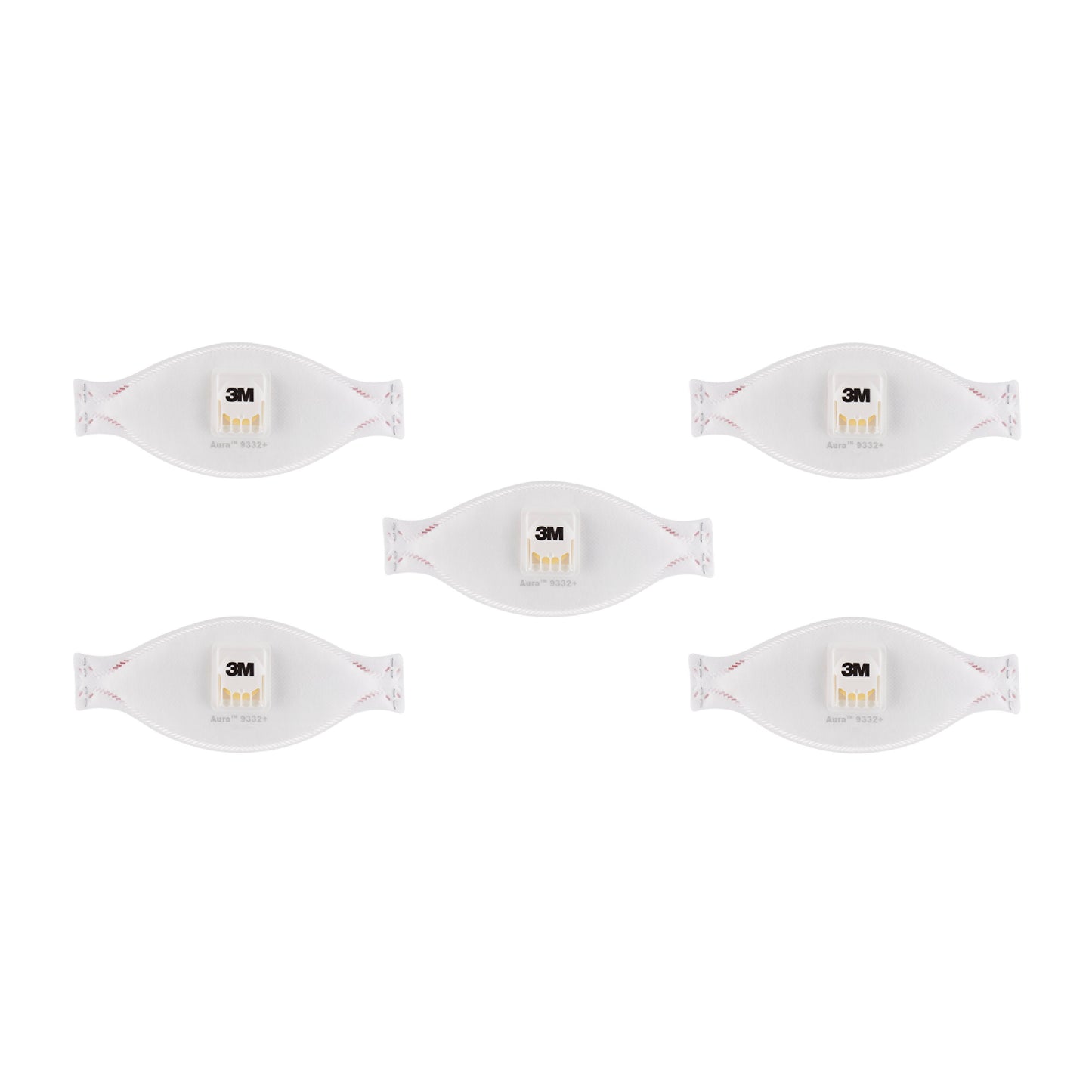 Fünf 3M™ Aura™ Comfort Cool Flow™ Partikelmasken 9332+, FFP3, mit Ventil von 3M Deutschland GmbH sind in zwei Reihen auf weißem Grund angeordnet und zeigen jeweils ein Zentralventil.