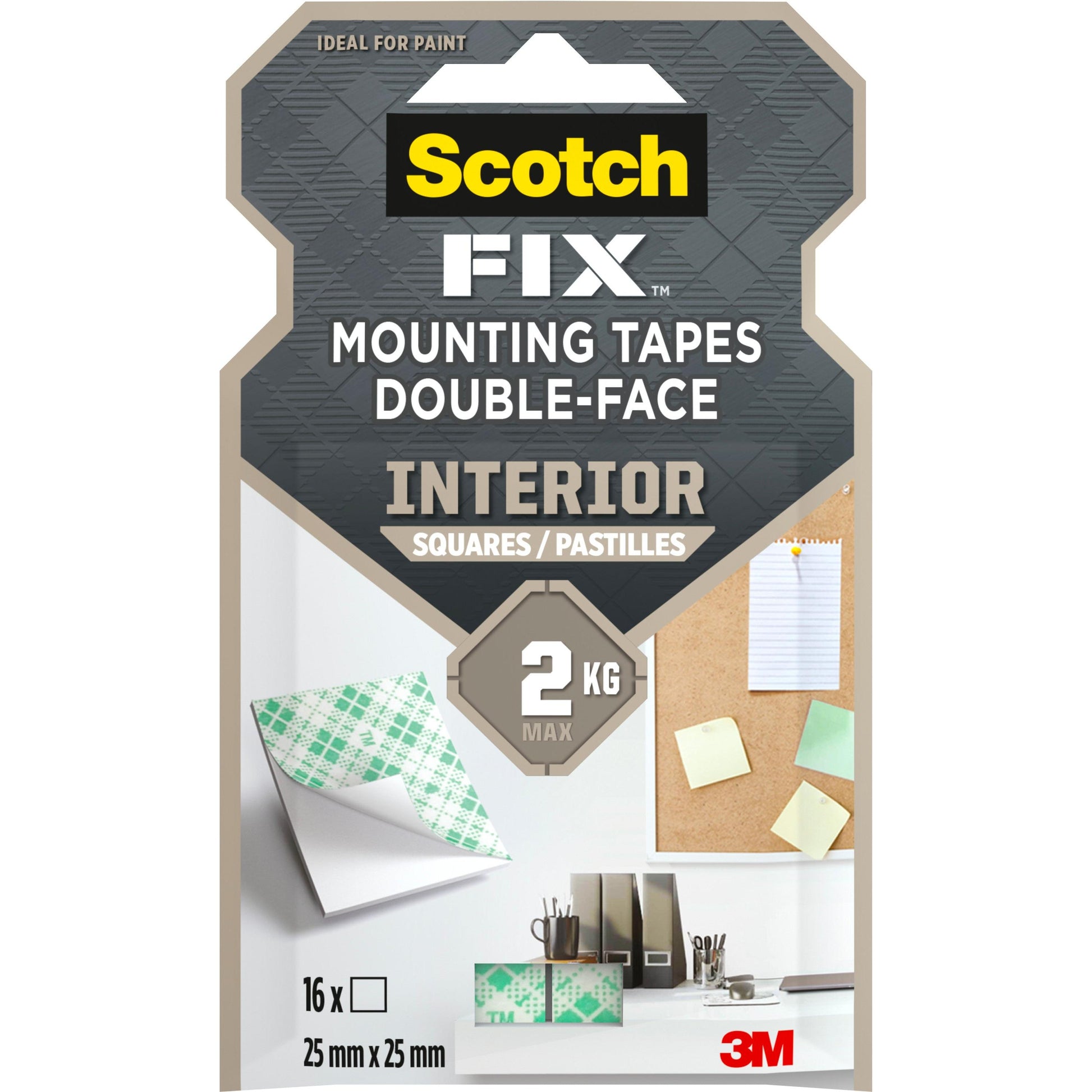 Verpackung für Scotch-FIX™ Doppelseitige Innenmontagequadrate 4496-ST16-P von 3M Deutschland GmbH: 16 doppelseitige Pads, je 25mm x 25mm, mit einer maximalen Belastung von 2 kg. Auf dem Etikett sind die Verwendungsmöglichkeiten zu Hause und im Büro angegeben.