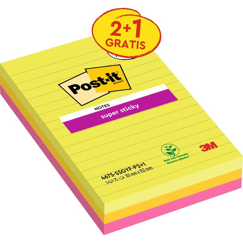 Ένα πακέτο 3 τεμαχίων Post-it® Super Sticky Notes μεγάλου μεγέθους, γραμμωμένο (101x152 mm), σε διάφορα χρώματα από την 3M Deutschland GmbH, με 75 φύλλα το καθένα. Κατασκευασμένο από 100% πιστοποιημένο χαρτί PEFC (SGSCH-PEFC-COC-110078).