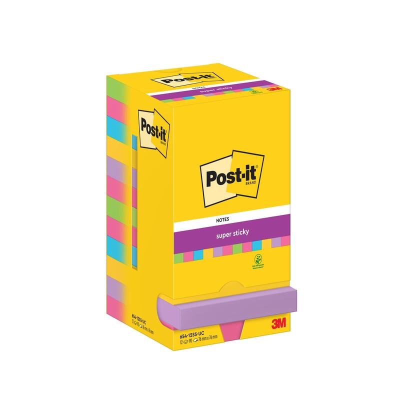 Ένα πακέτο 5 Post-it® Super Sticky Notes της 3M Deutschland GmbH, καθένα 76 mm x 76 mm με 90 φύλλα ανά μπλοκ, βρίσκεται σε ένα κίτρινο κουτί με το λογότυπο Post-it και πληροφορίες προϊόντος στο μπροστινό και πίσω μέρος.
