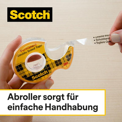 Ένα χέρι τραβά μια Scotch® διπλής όψης ταινία 12 mm x 33 m από τον κίτρινο διανομέα της 3M Deutschland GmbH σε μια ανοιχτόχρωμη ξύλινη επιφάνεια. Το γερμανικό κείμενο λέει: "Ο διανομέας εξασφαλίζει εύκολη χρήση."