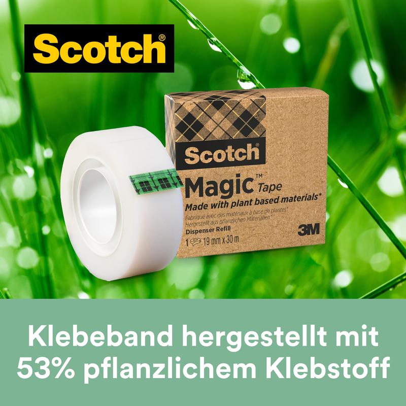 Ένας ρόλος ταινίας Scotch® Magic™ (19 mm x 30 m, 1 ρολό/συσκευασία) από την 3M Deutschland GmbH μπροστά σε πράσινο φόντο. Κάτω γράφει: "Με 66% φυτική κόλλα - η φιλική προς το περιβάλλον ταινία.