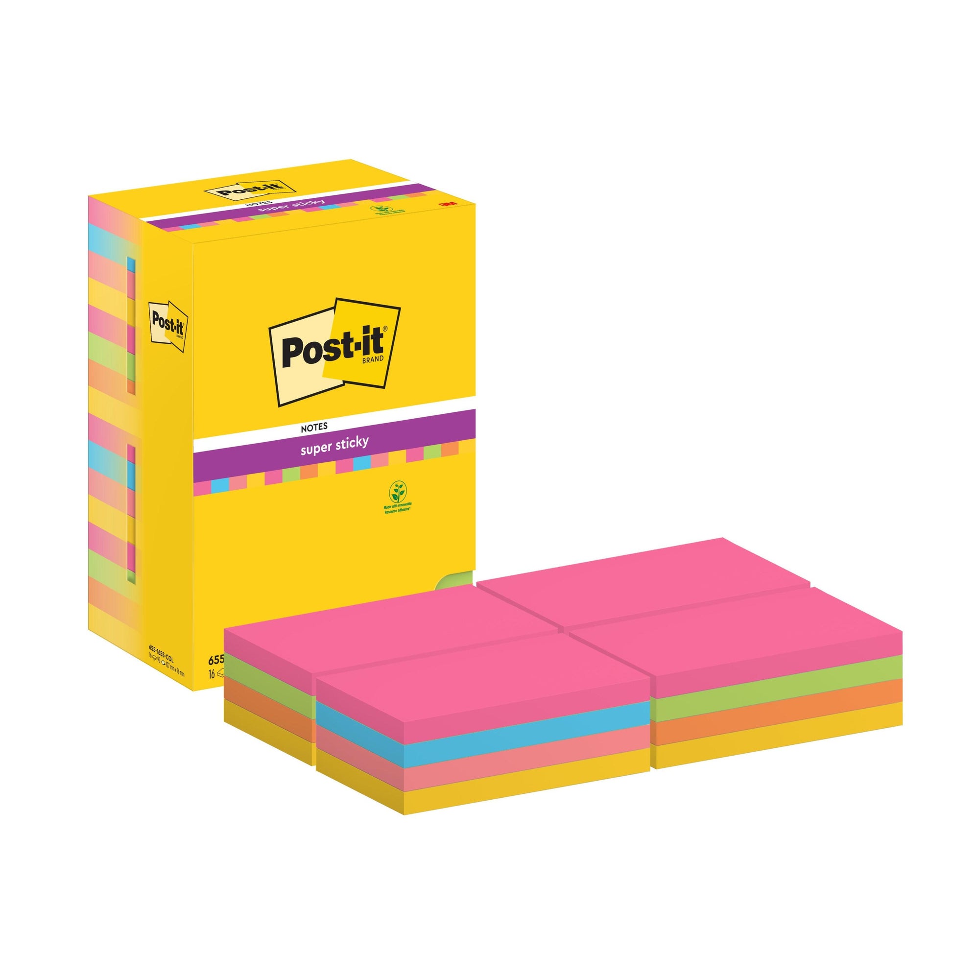 Eine gelbe Schachtel Post-it® Super Sticky Notes der 3M Deutschland GmbH (76 mm x 127 mm, 90 Blatt/Block, 16 Blöcke/Packung, verschiedene Farben, 100% PEFC) steht neben sechs Stapeln pinker, oranger, gelber, blauer und grüner Zettel.