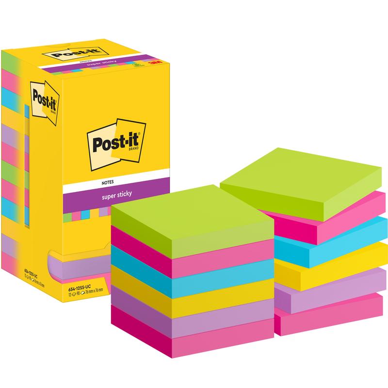 Ένα κουτί Post-it® Super Sticky Notes (76 mm x 76 mm, 90 φύλλα/μπλοκ) από την 3M Deutschland GmbH με τρεις στοίβες ταξινομημένων πολύχρωμων σημειώσεων - ροζ, κίτρινες, πράσινες και μπλε -, που είναι διατεταγμένες μπροστά.