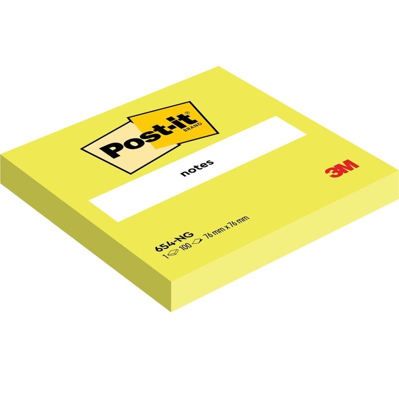 Μια κίτρινη συσκευασία Post-it® Notes (76 mm x 76 mm, 100 φύλλα/μπλοκ, 100% PEFC) της 3M Deutschland GmbH φέρει το λογότυπο της μάρκας Post-it και τη λέξη "notes" στο εξώφυλλο.