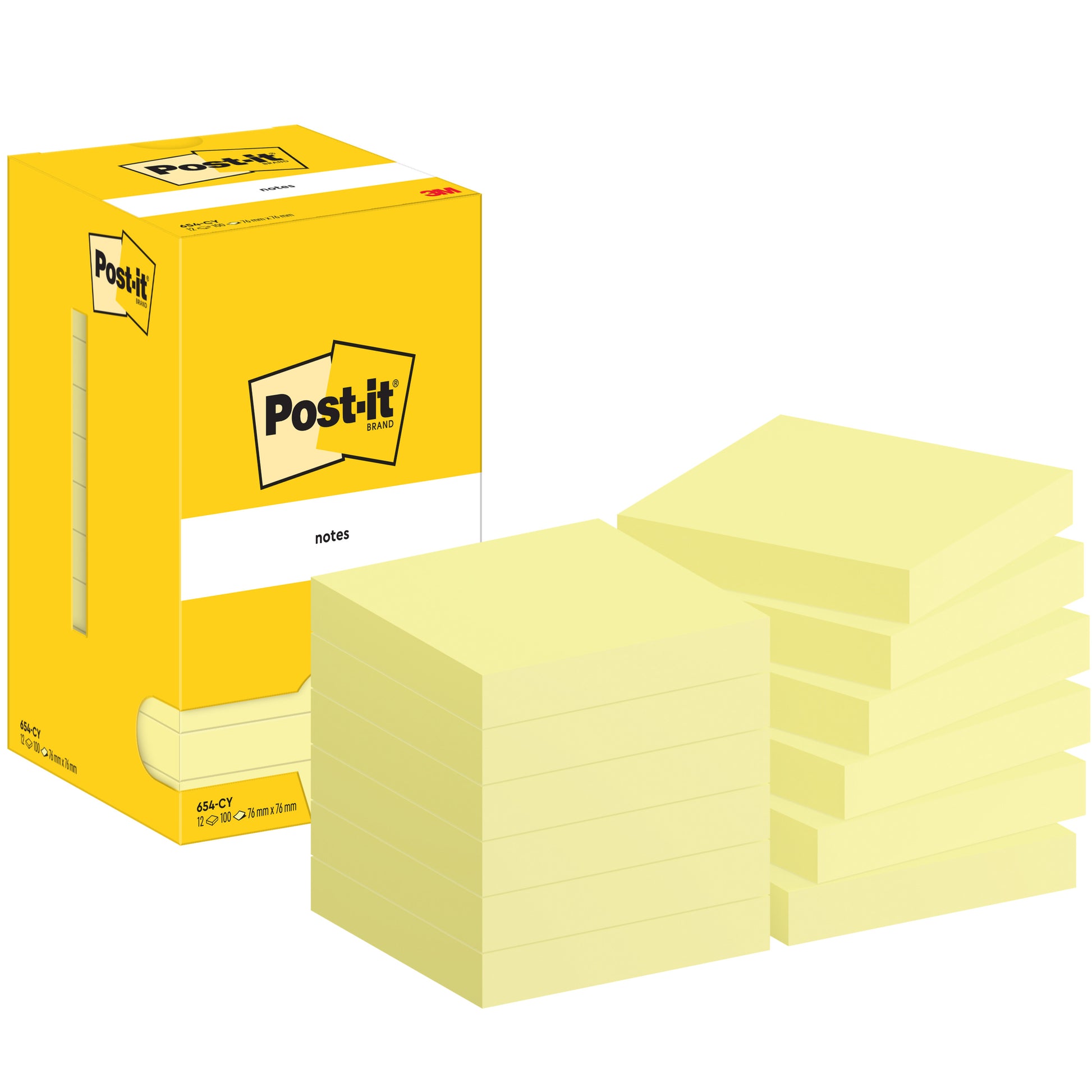 Eine gelbe Schachtel Post-it® Notes (76x76mm, 100 Blatt/Block, 12 Blöcke/Packung) von 3M Deutschland GmbH wird neben mehreren gestapelten gelben Blöcken gezeigt. Die Kartonpackung ist zu 100% PEFC-zertifiziert.