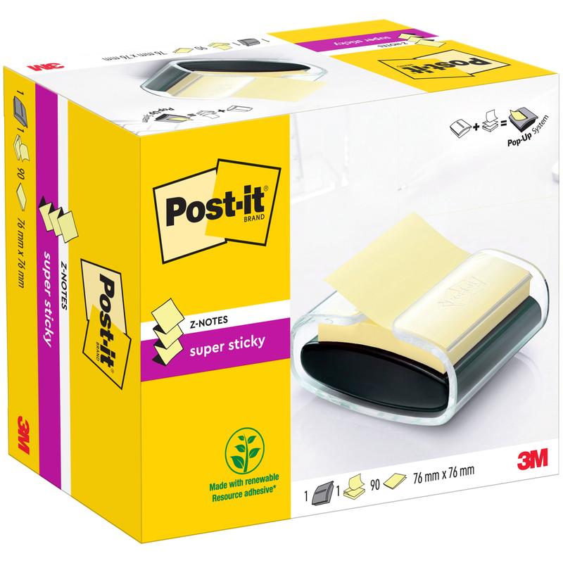 Ένας μαύρος διανομέας Post-it® Z-Notes (PRO) με 90 κίτρινες Super Sticky Z-Notes (76 mm x 76 mm) από την 3M Deutschland GmbH.