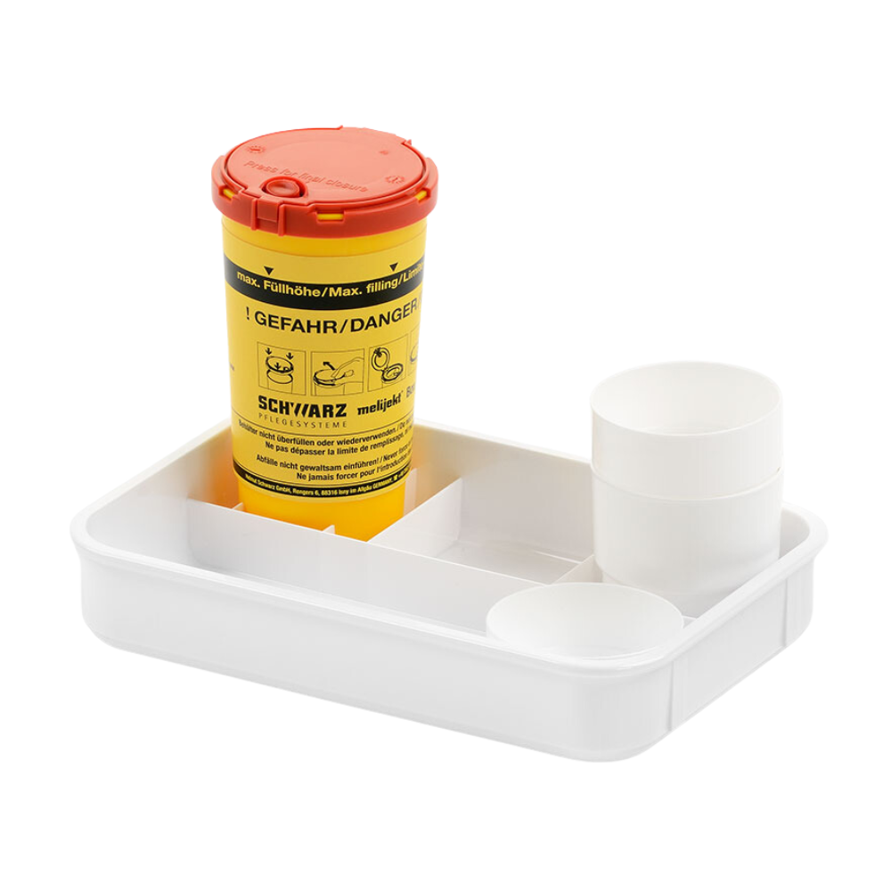 Το δισκίο μελιτζέκτ Blutzucker E της Helmut Schwarz GmbH είναι ένα συμπαγές λευκό δοχείο αποθήκευσης με έναν κυλινδρικό δοχείο κίτρινου-κόκκινου χρώματος με τις επιγραφές "Danger" και "Schwarz". Επιπλέον, περιλαμβάνει δύο λευκά δοχεία διαφορετικού ύψους, που όλα είναι τοποθετημένα αποδοτικά σε ξεχωριστά διαμερίσματα. Ιδανικό για εγκαταστάσεις φροντίδας ή προσωπική χρήση.