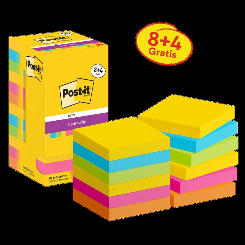 Post-it® Super Sticky Notes, Carnival Collection, 76mm x 76mm, Promotion, 90 Sheets/Pad, 8 Pads + 4 Free/Pack, Cardboard Packaging, 100% PEFC, SGSCH-PEFC-COC-110078 | Συσκευασία (12 τεμάχια)